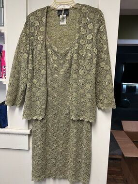 Alex Evenings Gold Olive Beaded Lace Jacket and Dress Set